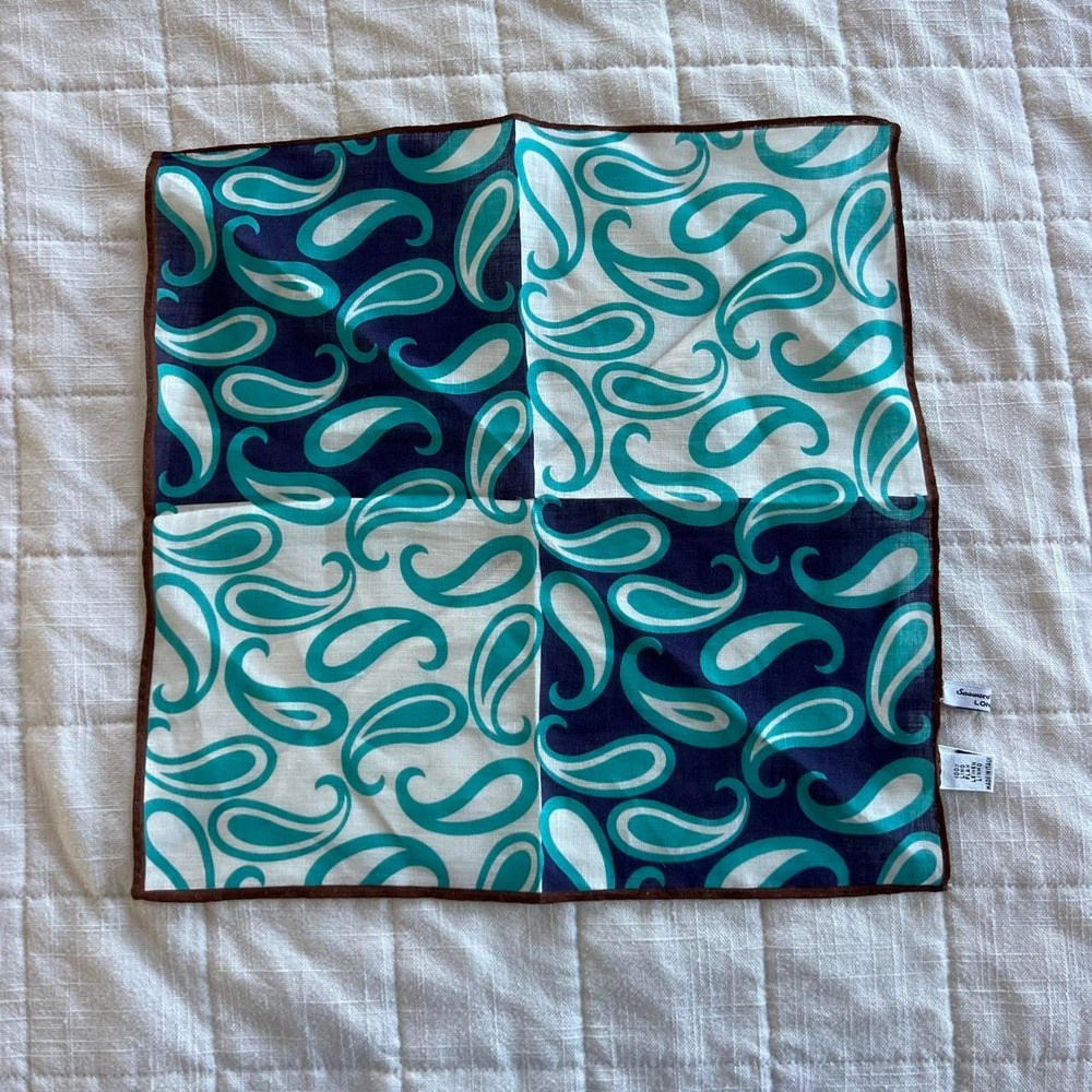 Seaward & Stearn Pocket Square Mens OS Blue Teal Linen Paisley Made in Italy